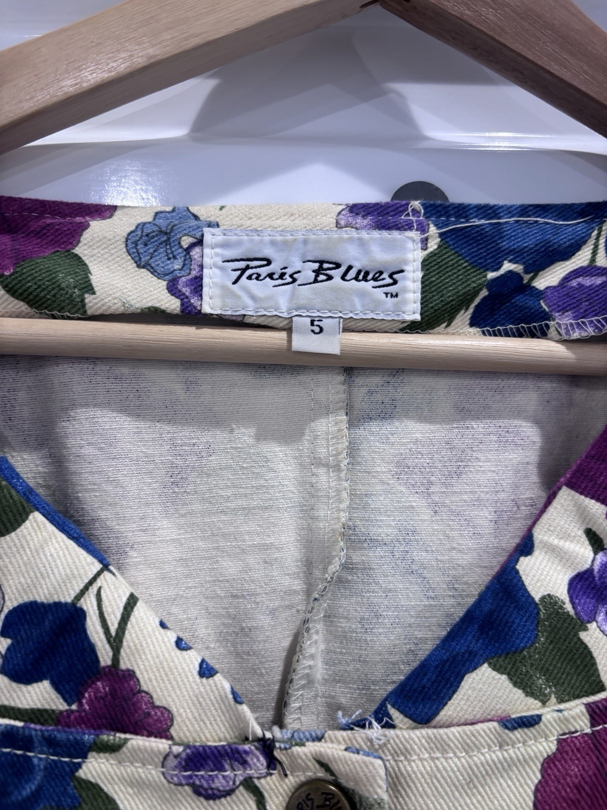 Vintage 90s Paris Blues Floral Denim Dress Size 5 Blue Purple Roses Cottagecore