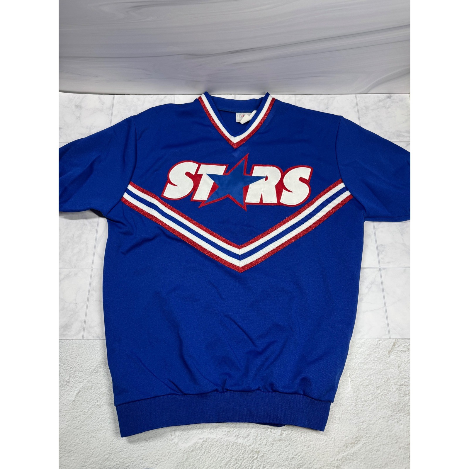 Vintage TeamLeader Stars Cheerleading Shell Top Blue Red White V-Neck Pullover