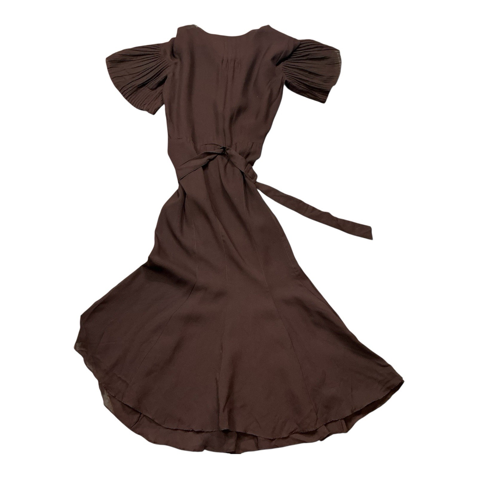 Vintage 1920s/30s split sleeve chocolate brown chiffon belted dress SZ Small