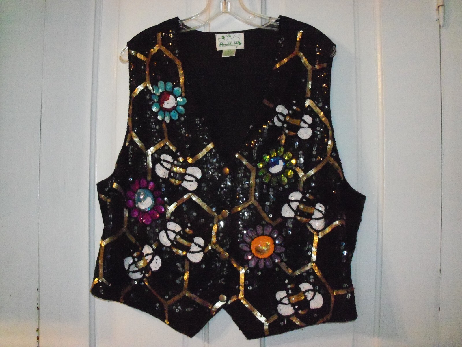 Size 1X Vintage The Quacker Factory Sequined Vest with Bees Honeycomb & Flowers