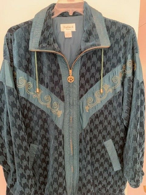 Vtg 80’s Windbreaker Jacket Track teal velour & gold accents Rafael Woman sz 1X