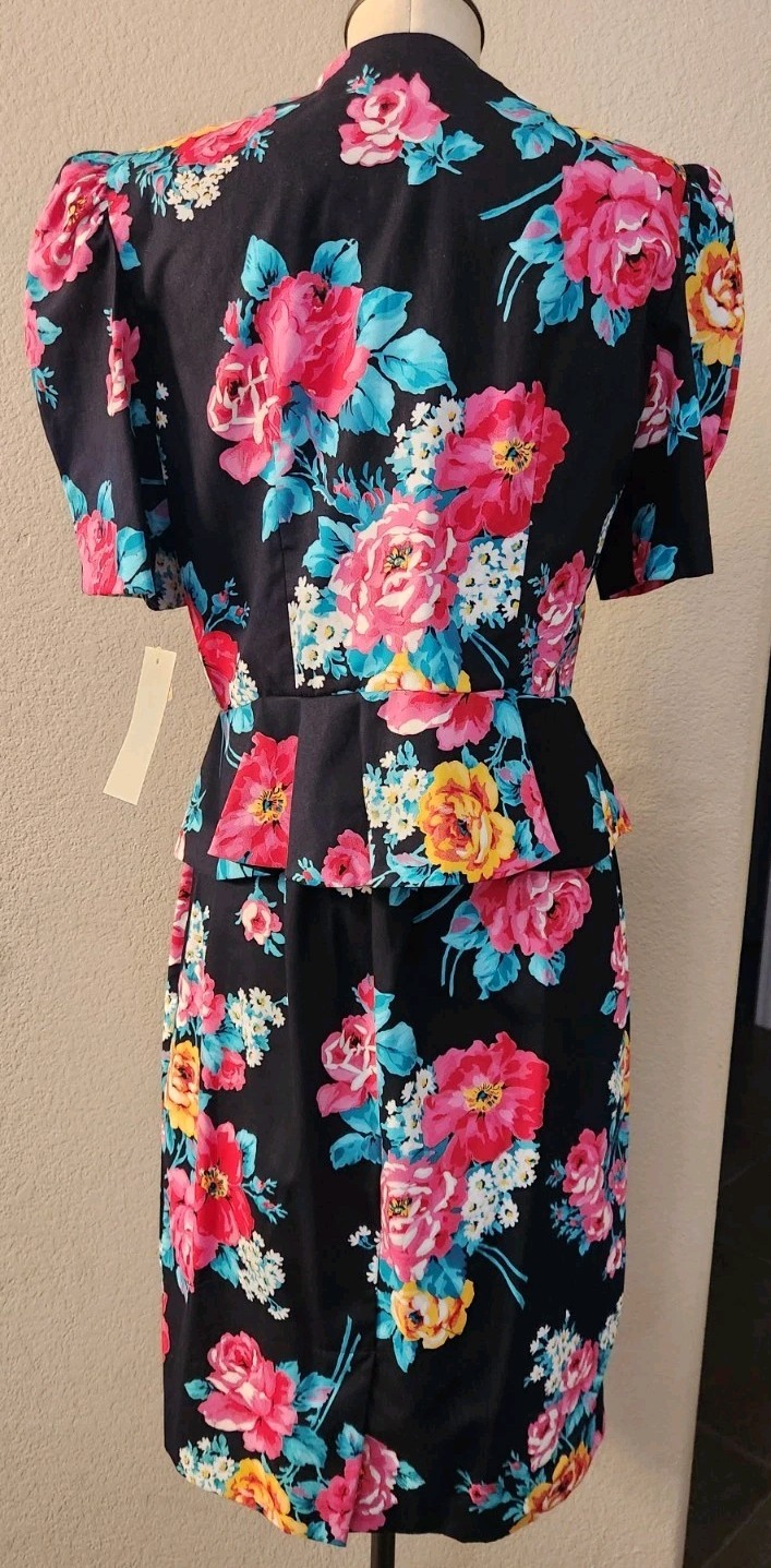 VTG 80s Stuart Alan Petites 2 Piece Dress Set Floral Peplum Top Size 14