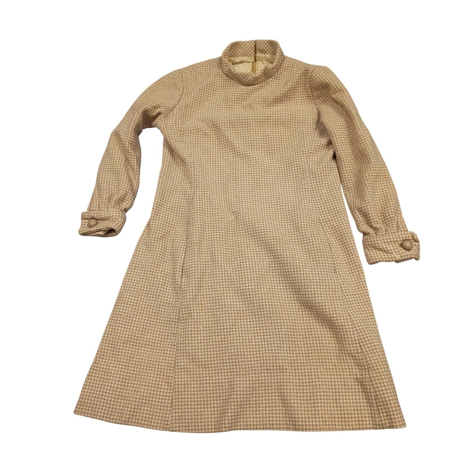 Boutique by Charles Cooper Vintage Houndstooth Dress Womens Tan Mod 60s 70s