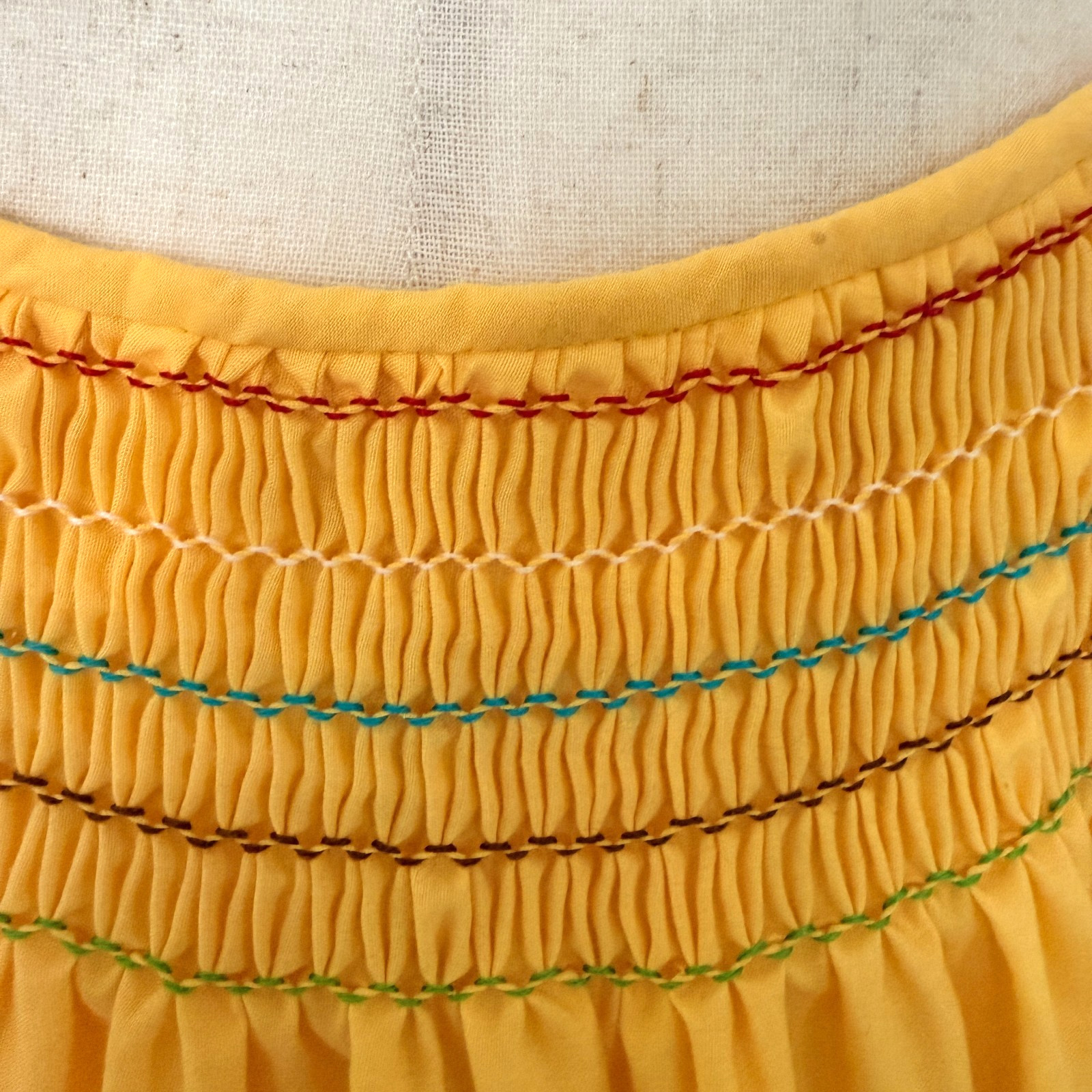Handmade Artisan Mexican Style Embroidered Bird Smocked Sundress Tie Sleeves