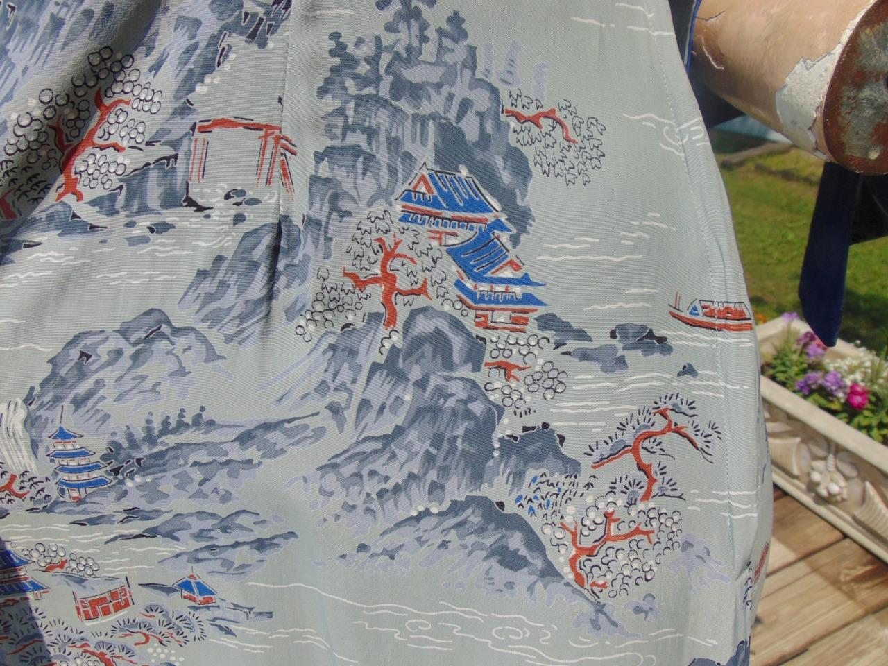 VTG 40s Malihini Hawaii Gray & Blue Rayon Pake Muu 28W