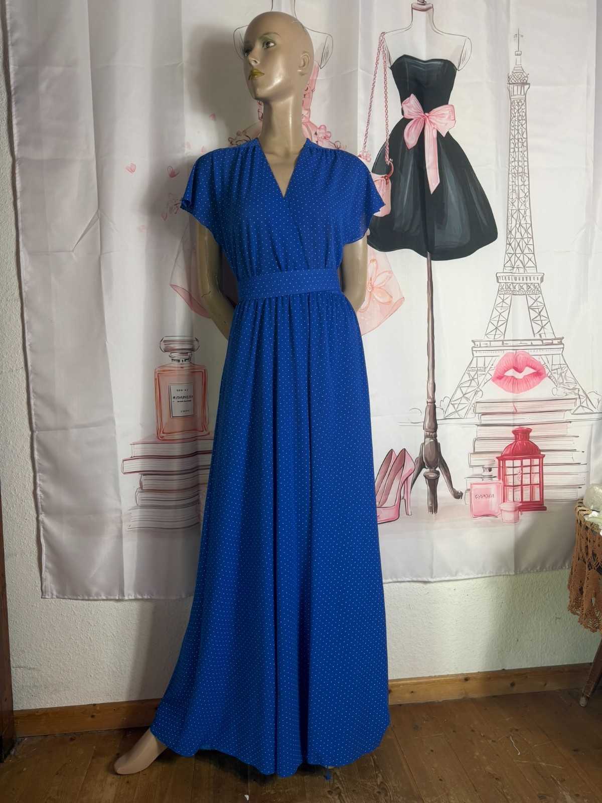 Vintage 60s 70s Maxi Dress Royal Blue Polka Dot Jersey Belted Size 38 40 42