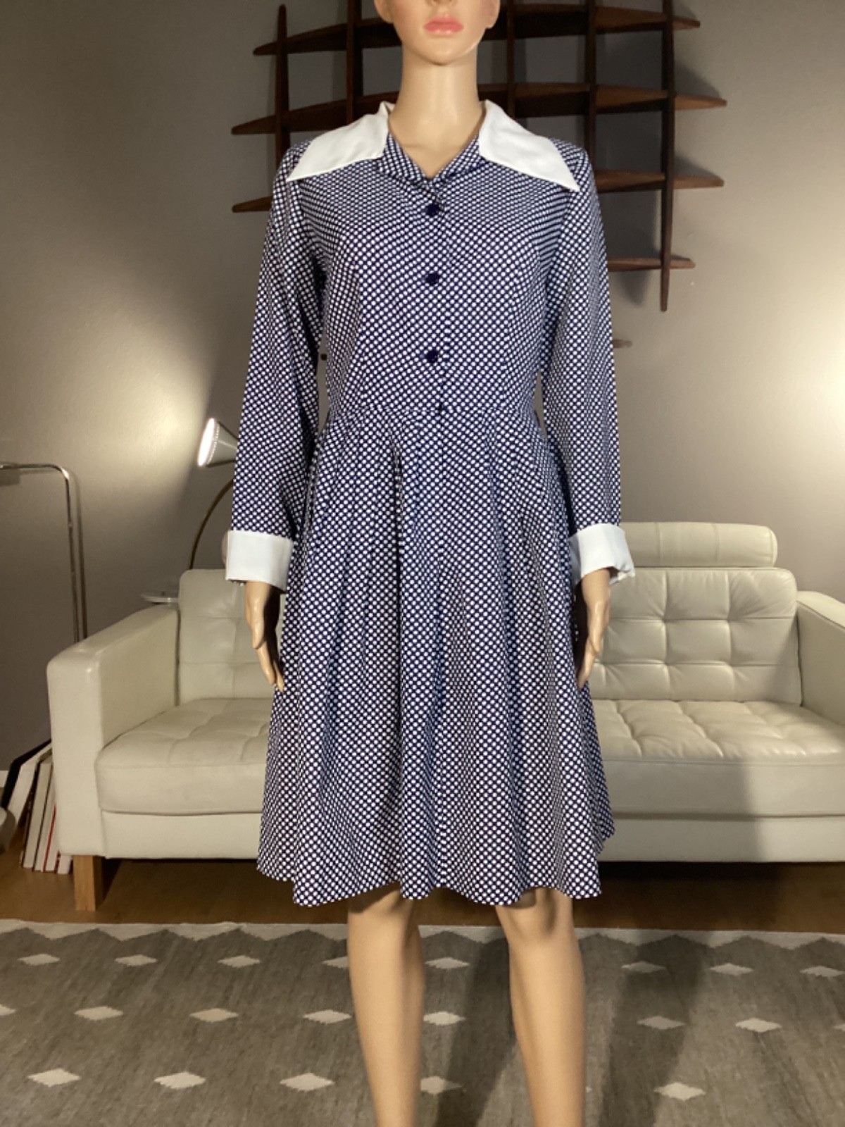 Vintage 70s Aldens Fashions Blue White Polka Dot Dagger Collar Fit & Flare Dress