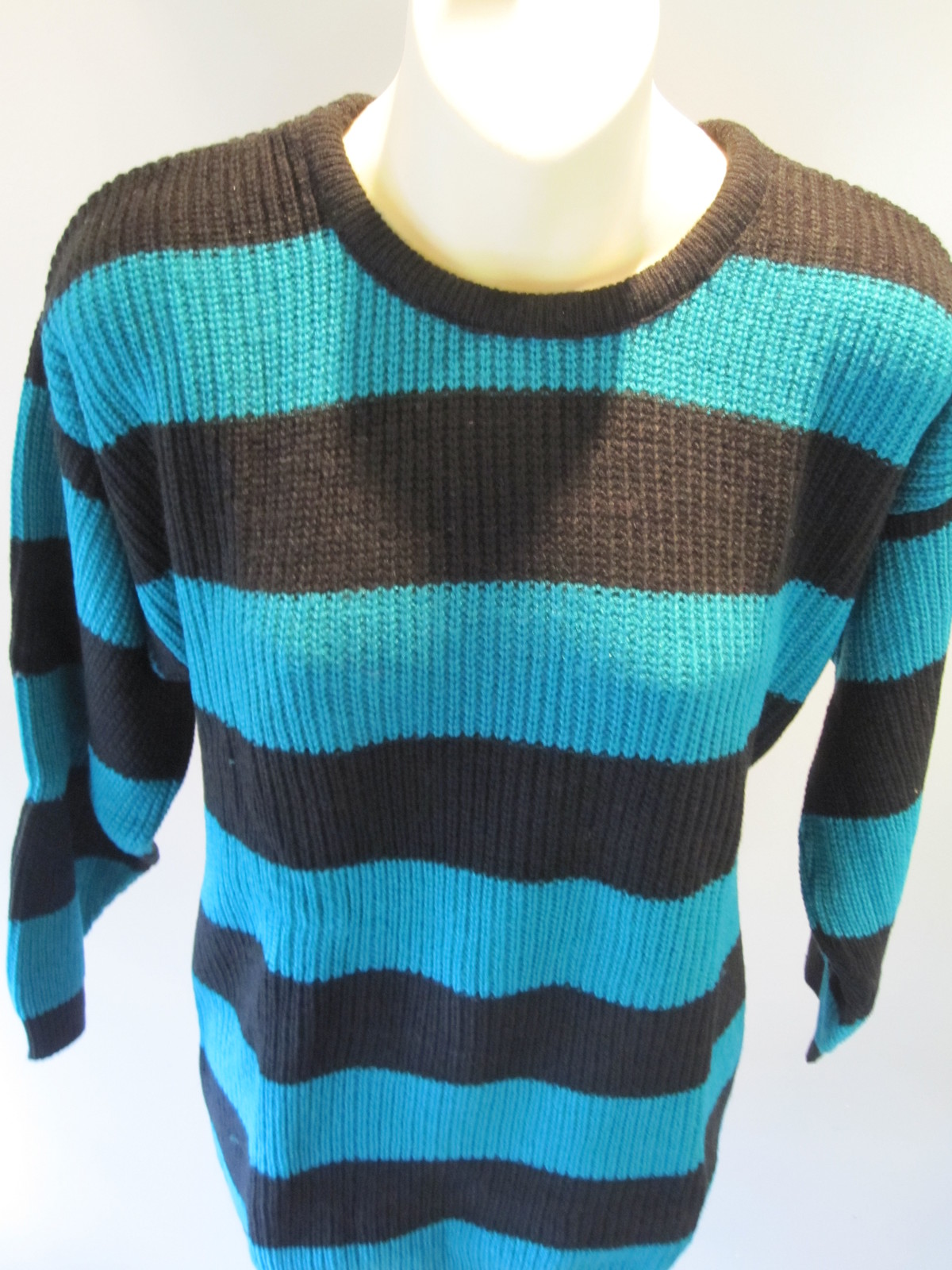 NOS RETRO 80S SWEATER TUNiC TOP 2 TONE EMERALD GREEN BLACK STRiPED VEGAN DiSCO M