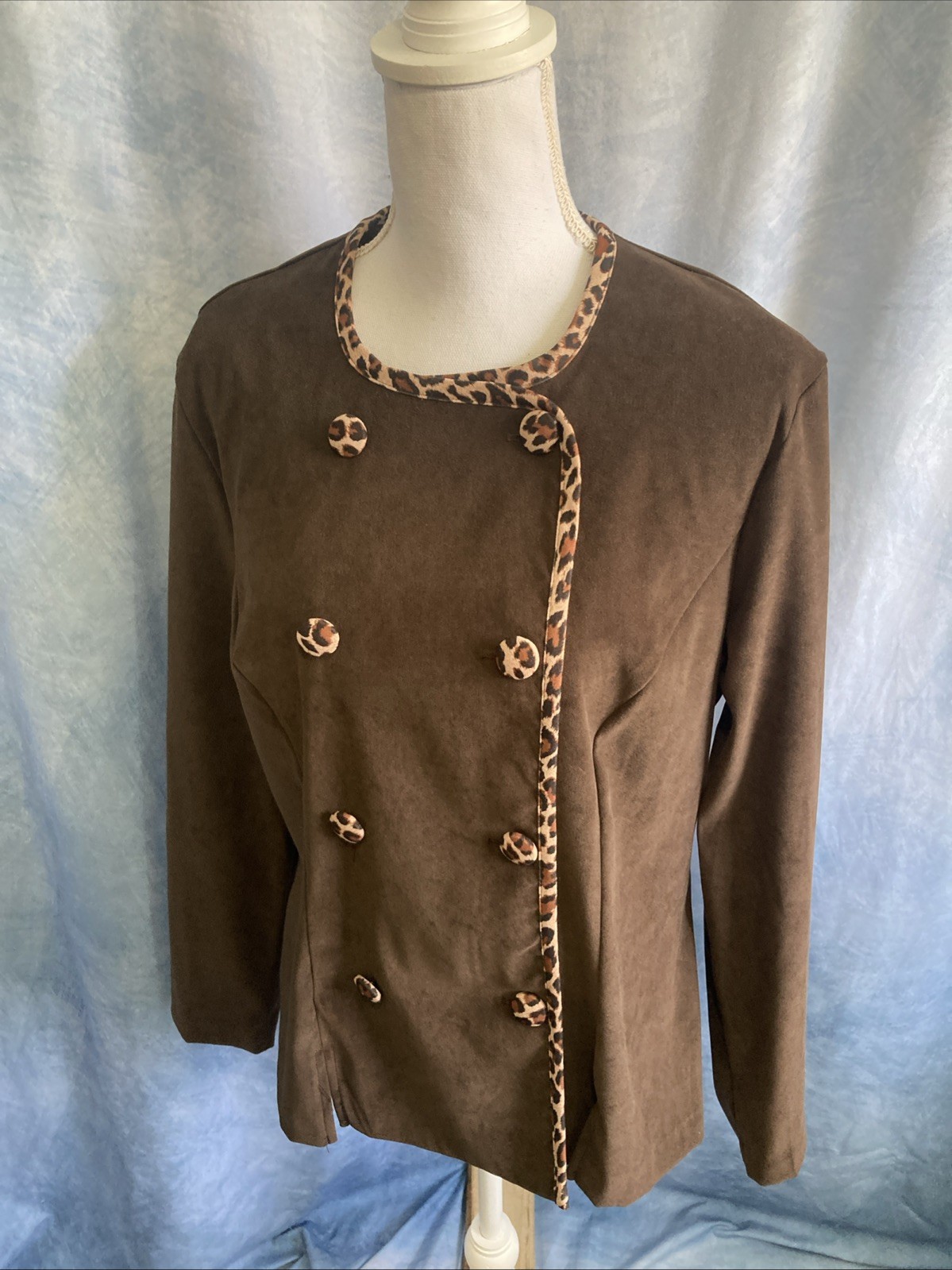 Vtg 90s I.S.B. Inc. Women’s Faux Suede Jacket Size 12 Brown Leopard Trim EUC USA