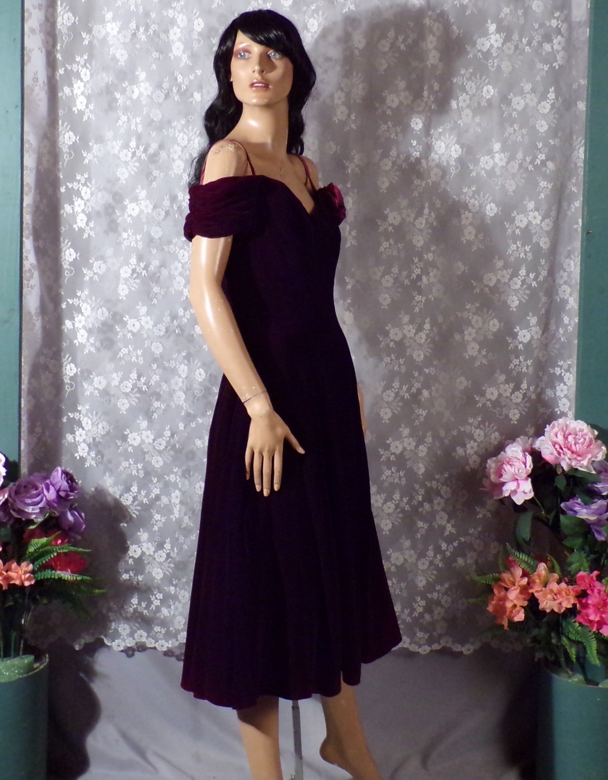 Vintage 90s Velvet Party Dress Size Small 1990s Retro Dark Romance Off Shoulder