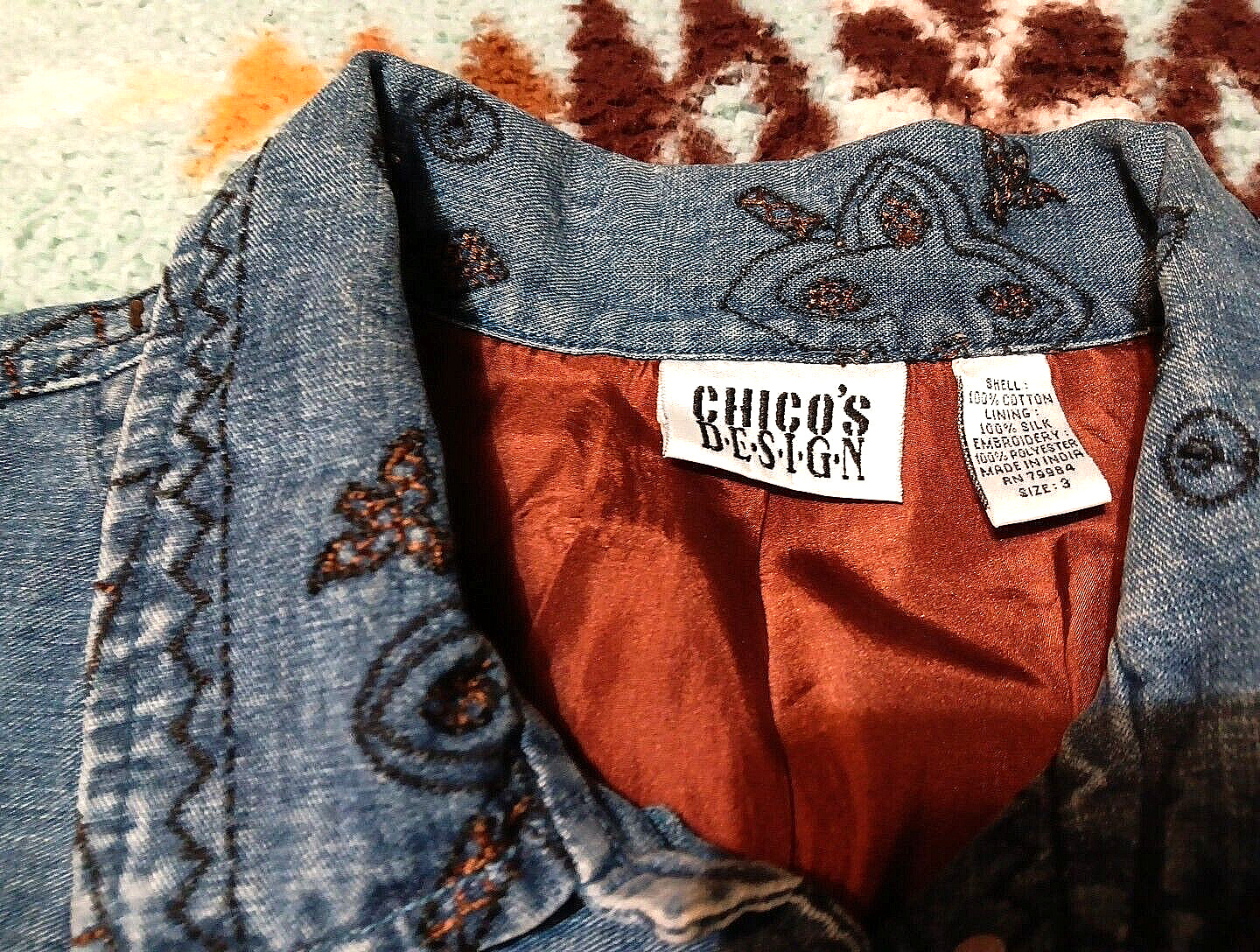 Vtg Chico’s Design BOHO Denim Beaded Jacket SILK Lined Hand-beaded Sz LG