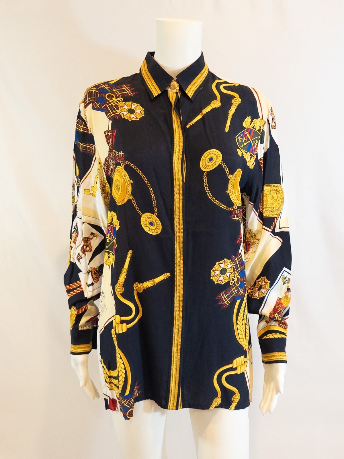Vintage Mondi Scottish Themed Black and Gold Blouse – Large