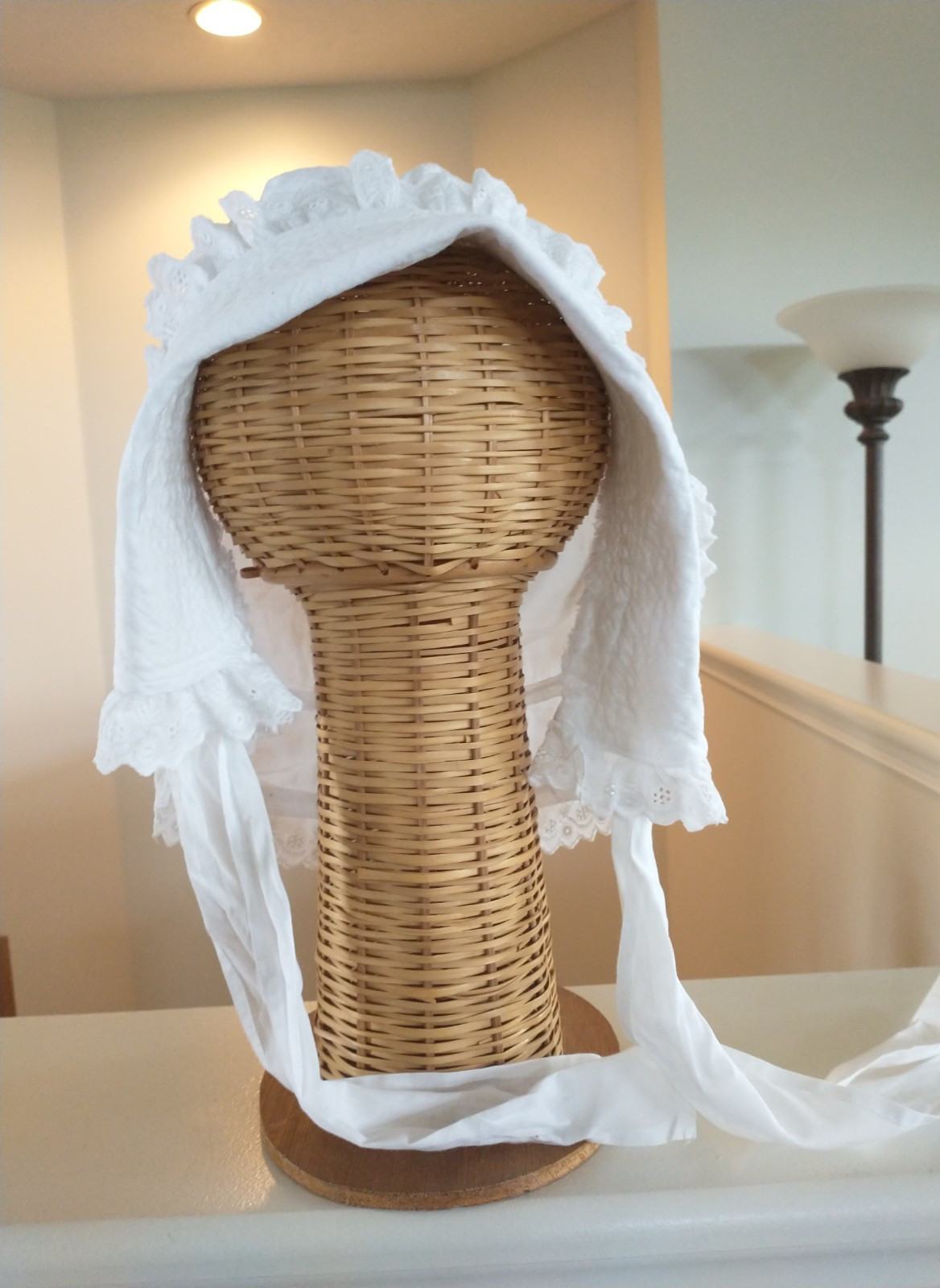 Antique Victorian White Cotton Sleep Bonnet – Nightcap W/ Eyelet