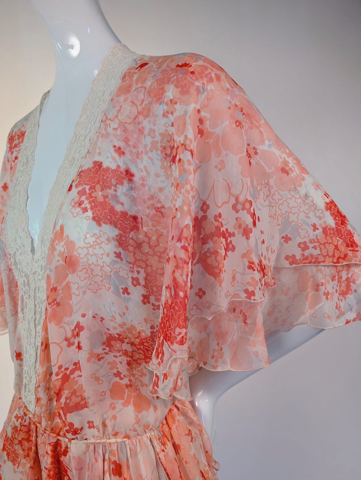 1970’S PINK FLORAL SHEER SILK CHIFFON DRESS W CAPE SLEEVES + NIEMAN MARCUS LABEL