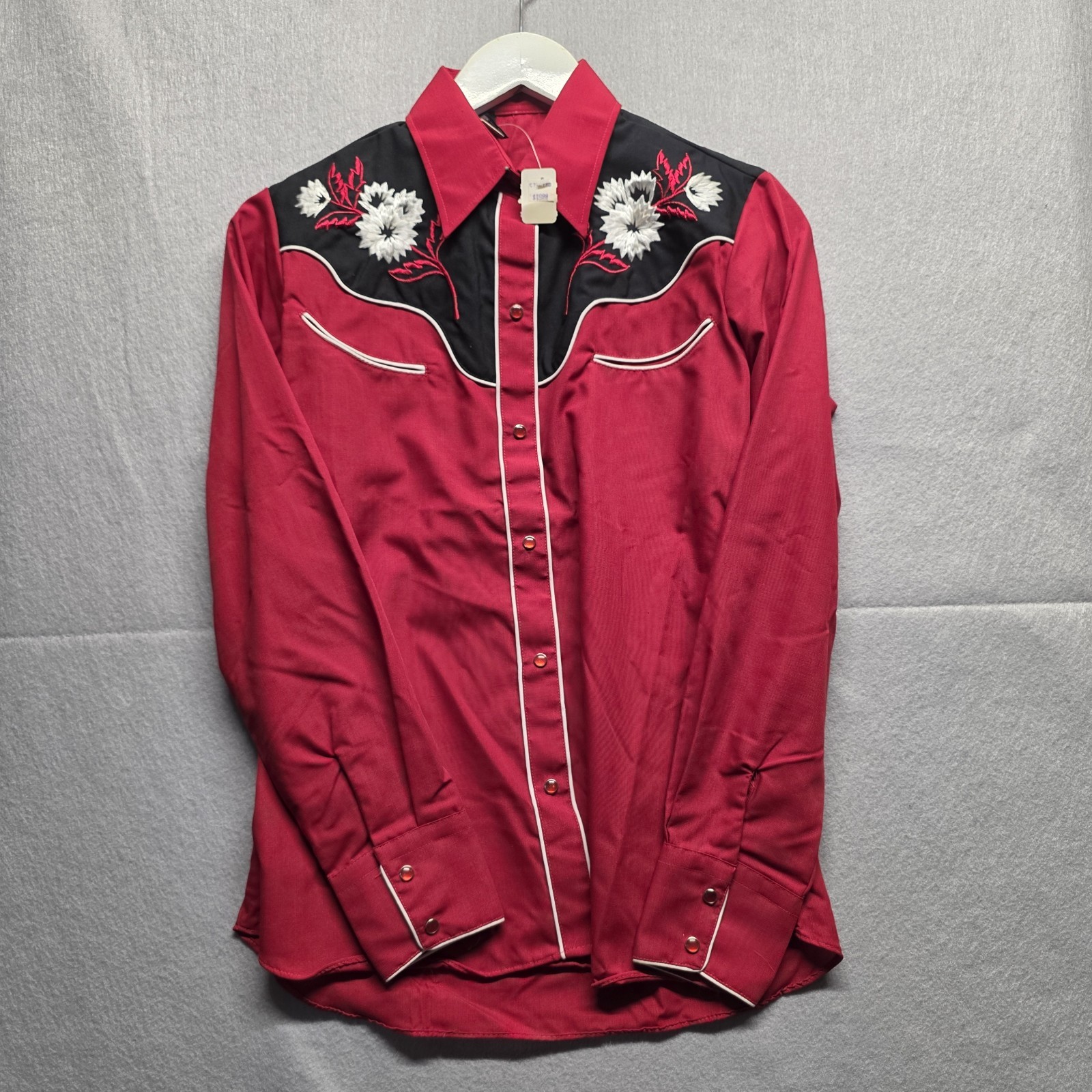 VINTAGE Tem Tex Red Long Sleeve Western Shirt Rockabilly Pearl Snap Long Tail