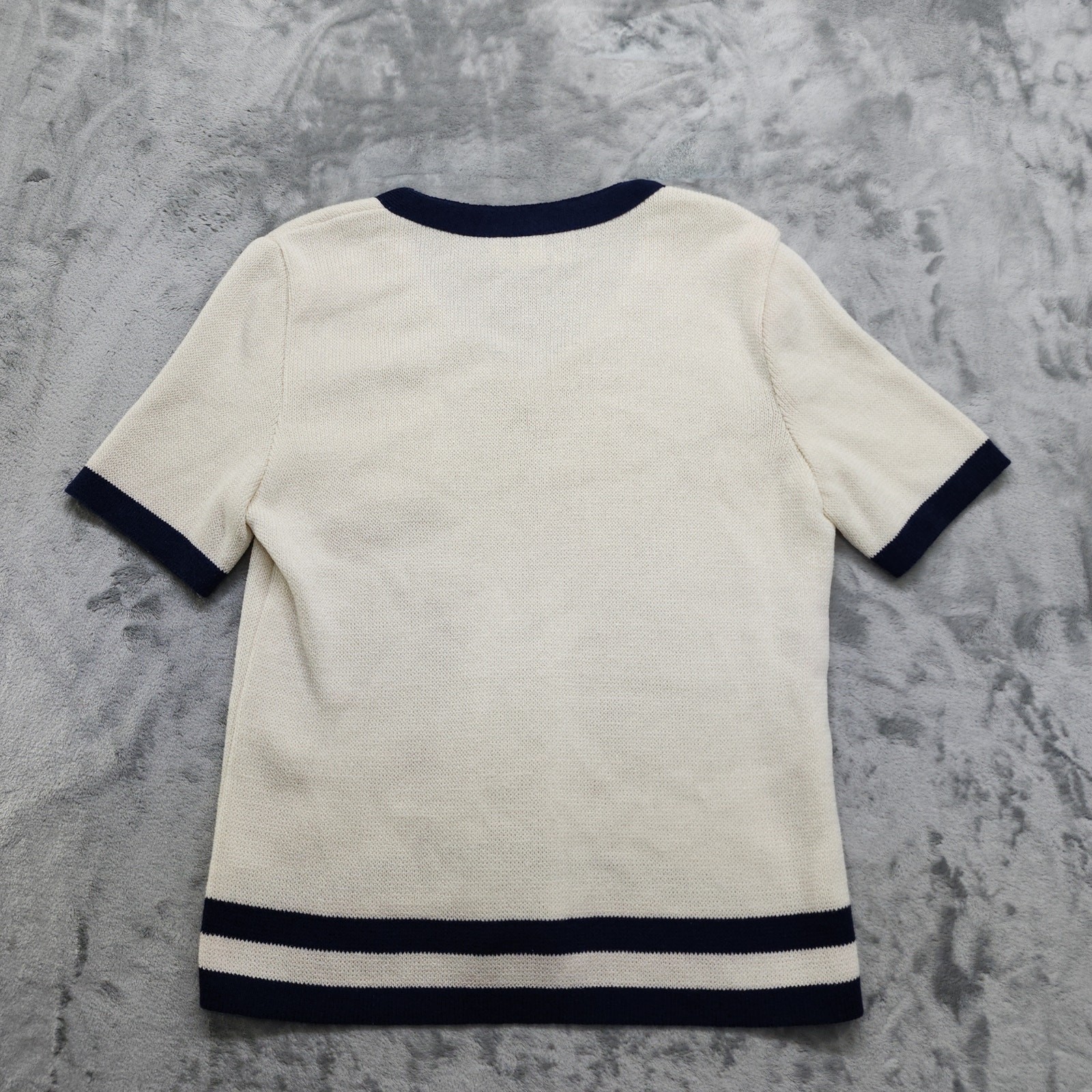 Vintage Castleberry I.Magnin Sweater Womens 16 Cream Blue V-Neck Short Sleeve
