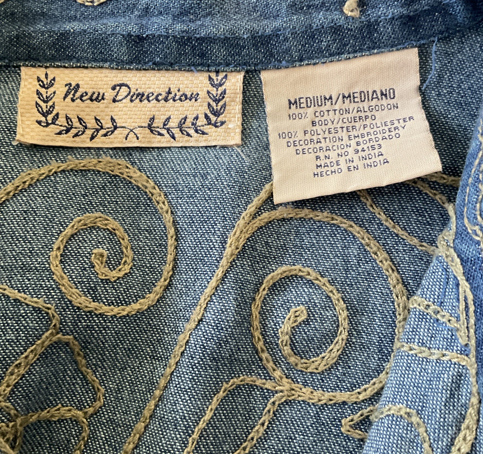 New Directions Womens Denim Blue Jacket Size M Embroidered Tan Flowers NWOT