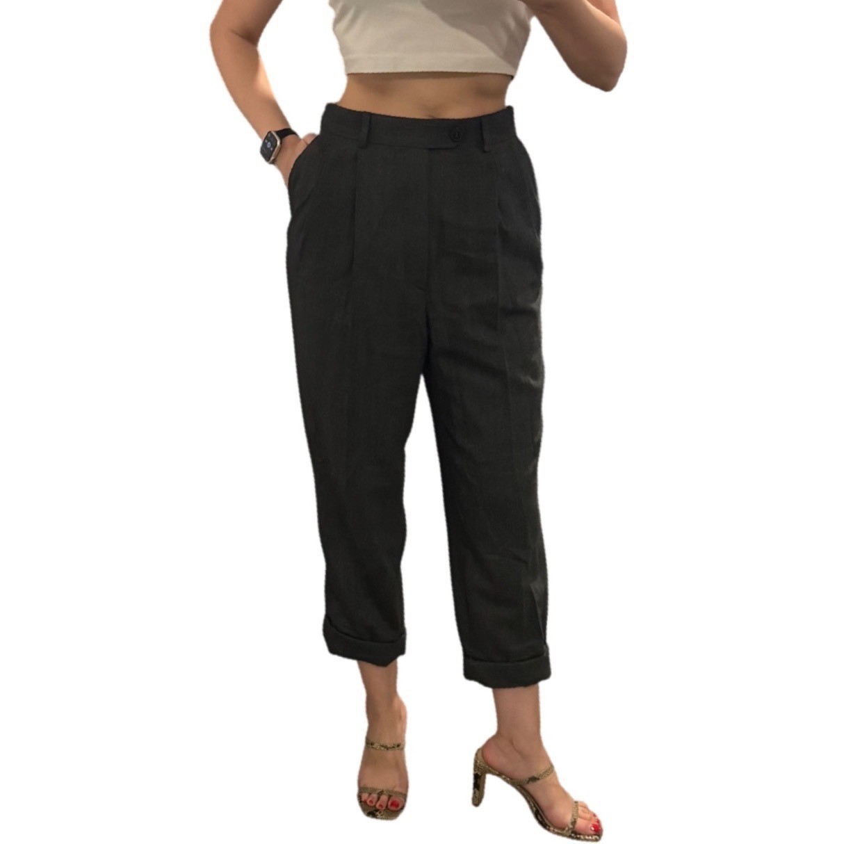 Vintage Wool Cuffed Pleated Trousers High Waisted Cropped Slouchy Dark Grey Sz S