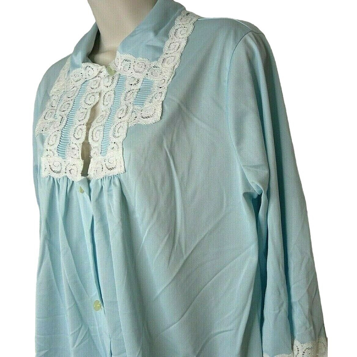 Vintage Komar Blue Nylon Robe Average Medium 3/4 Sleeve Lace Trim Button Front
