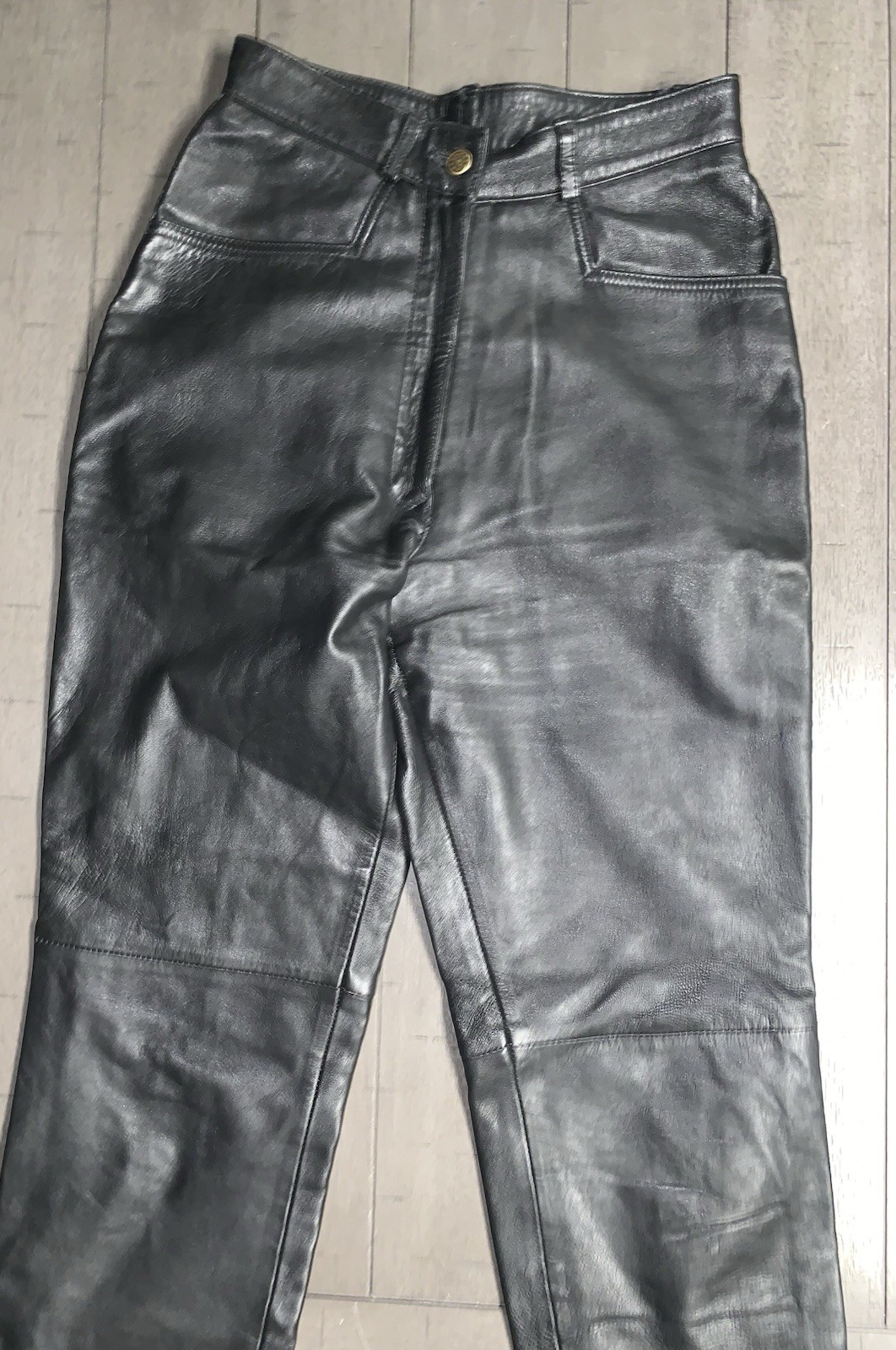 B1 Y2K CANDA C&A BLACK SOFT LEATHER PANTS SZ 4 RAW HEM BOOTCUT MOTORCYCLE 24×31”