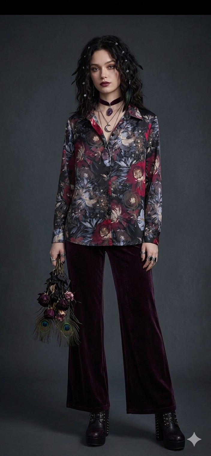 Vintage Draper’s Damon’s XL Satin Blouse Dark Floral Button Up Whimsigoth Grunge