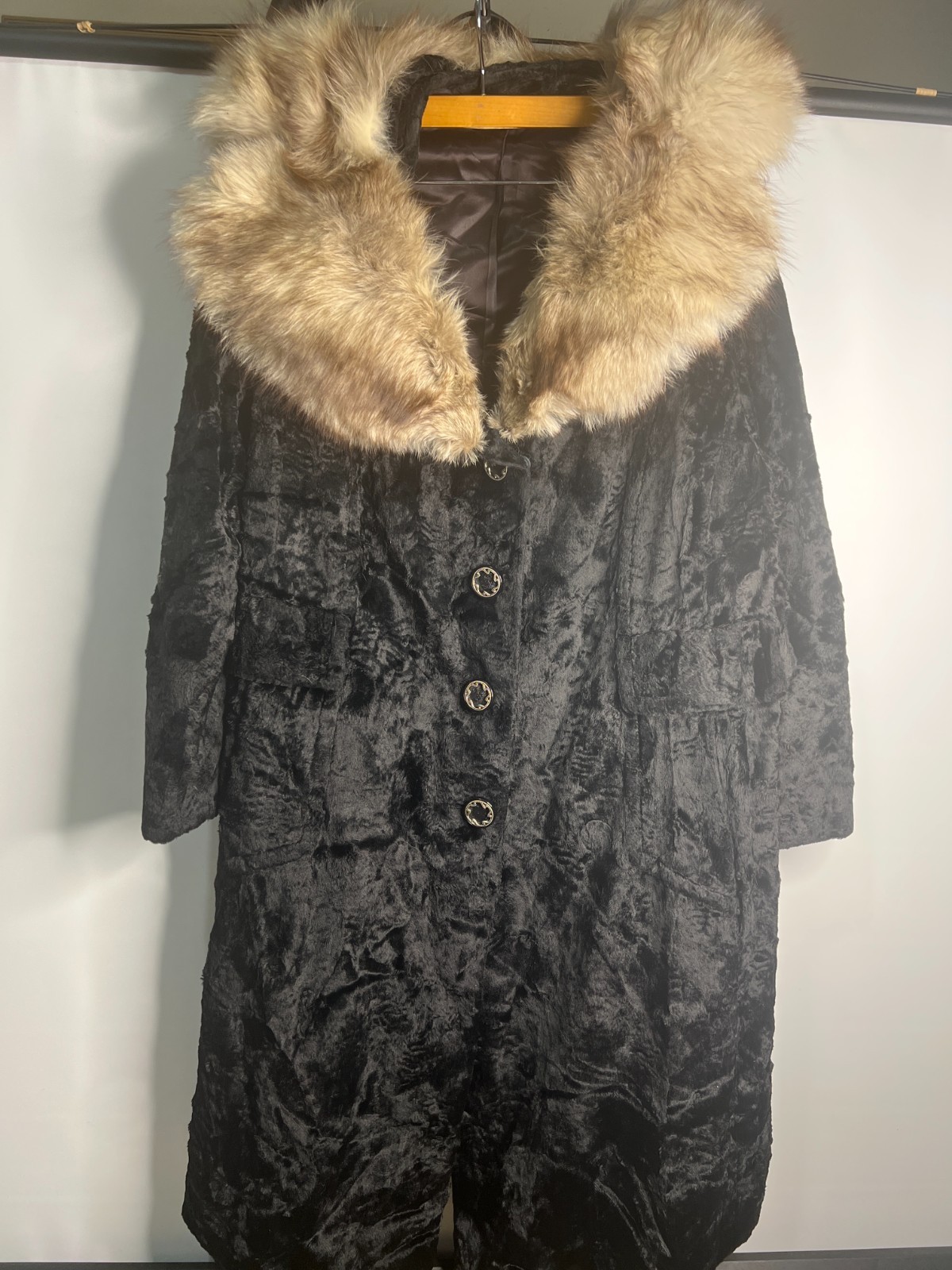 Black Faux Fur Vintage Coat for Crafts – Damaged Pocket & Collar Repair Needed –