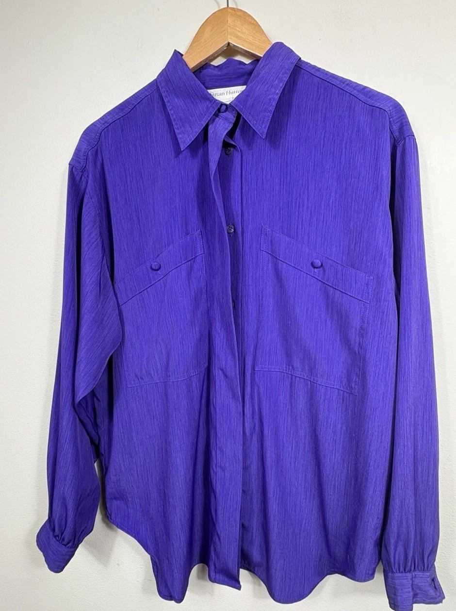 Vintage 80s Susan Hutton Purple Blouse 12 button up long sleeve pockets
