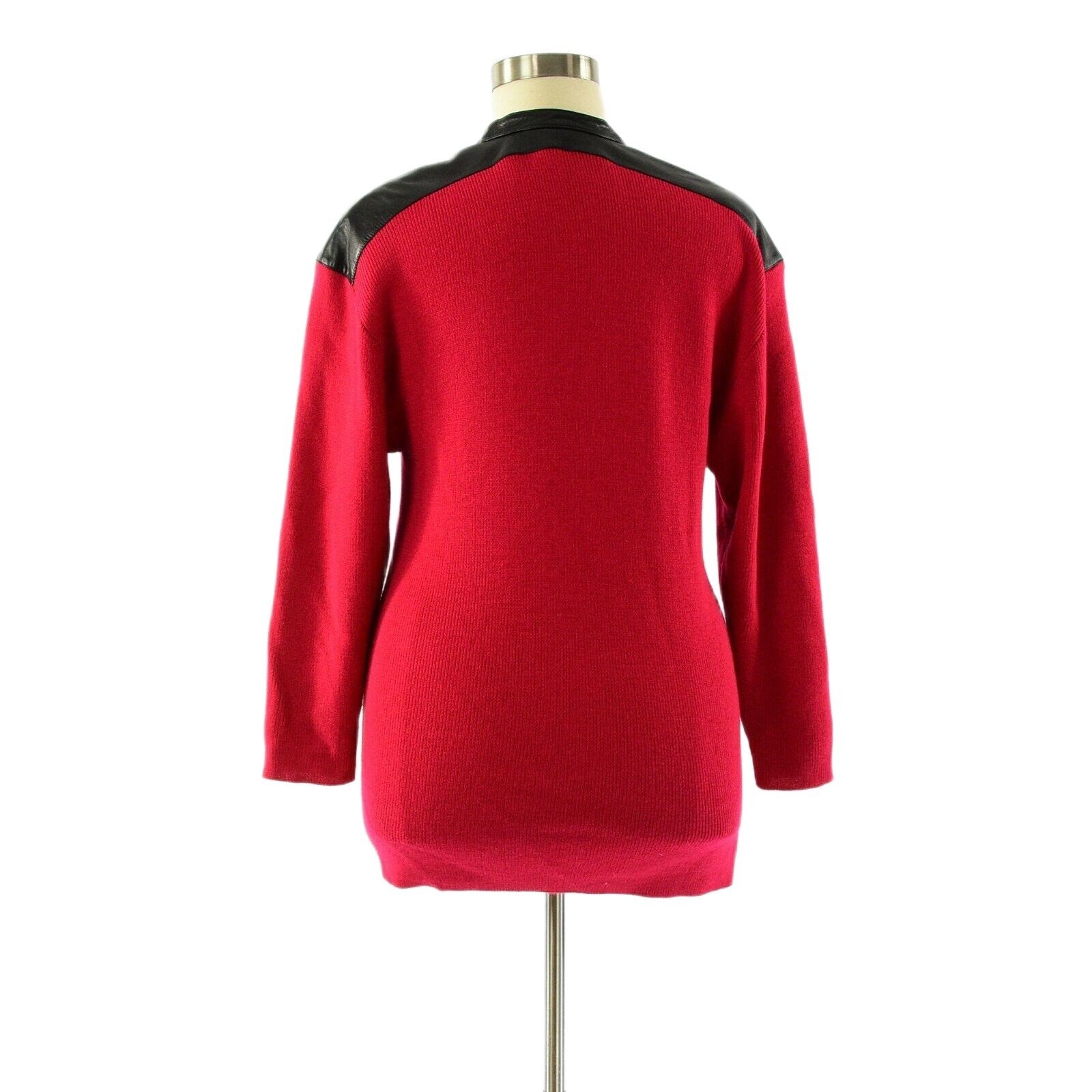 80s Vintage Red Wool Leather Trim Long Cardigan Jacket Eleanor Brenner Womens M