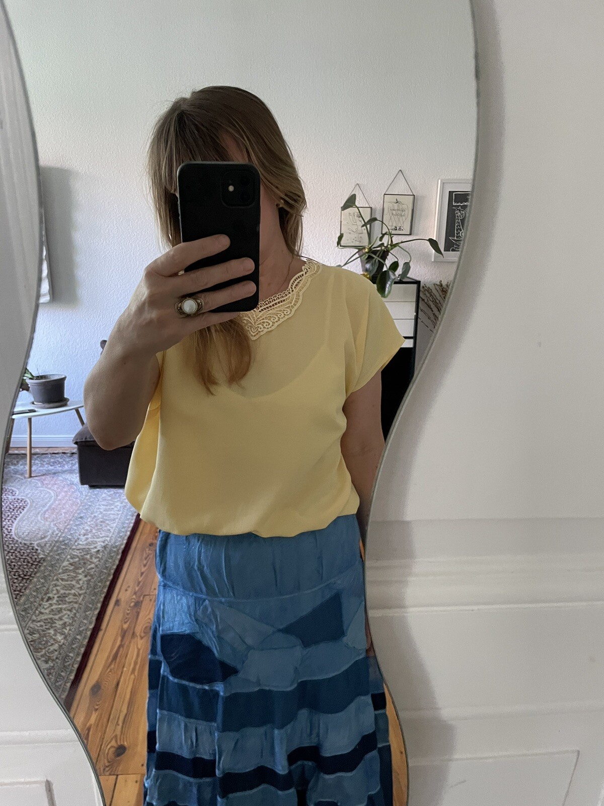 Vintage 80’s Yellow Viscose Blouse with Lace Collar- Size XL