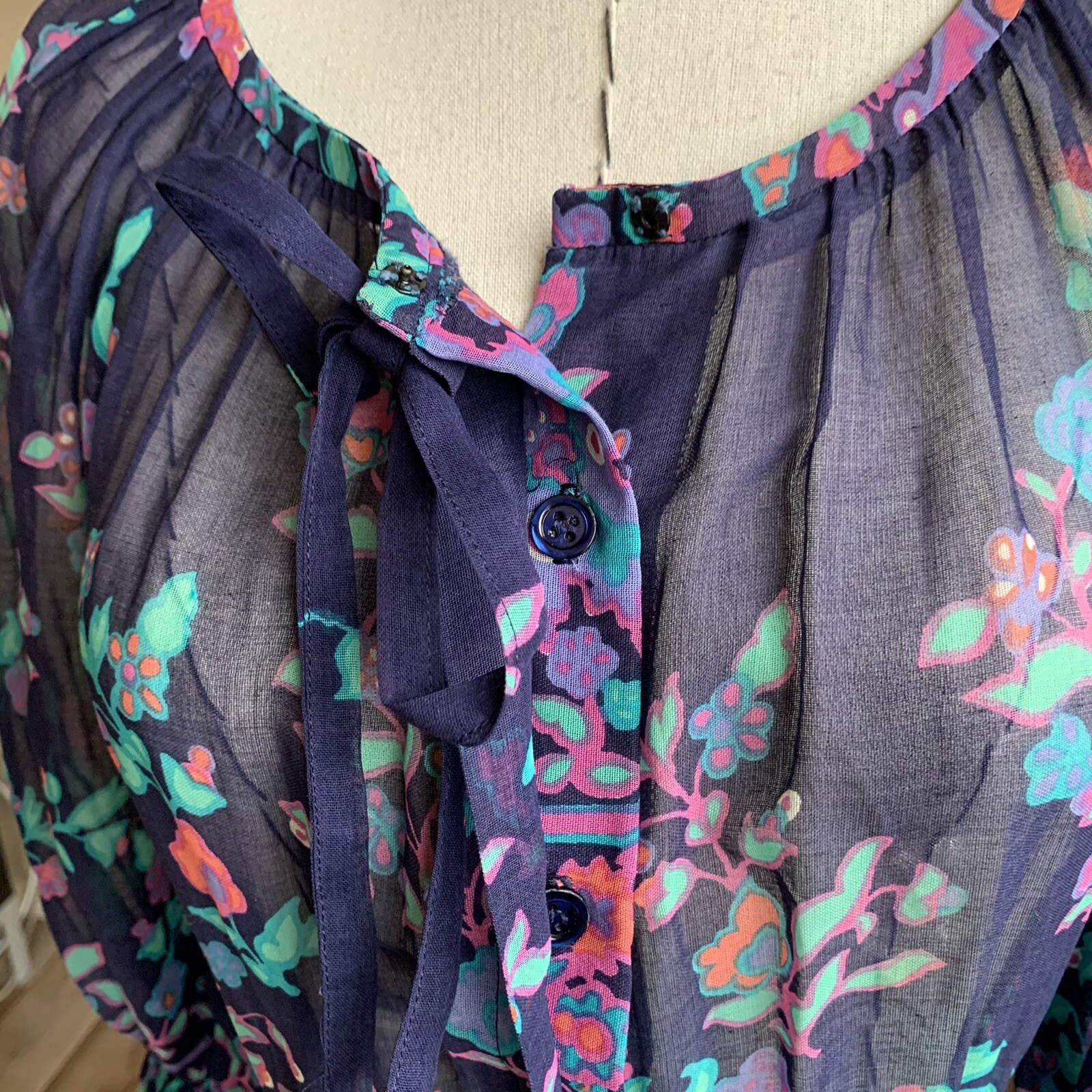Vintage 70s Ted Lapidus Boutique Floral Day Dress Puff Sleeve Peasant Boho Sm