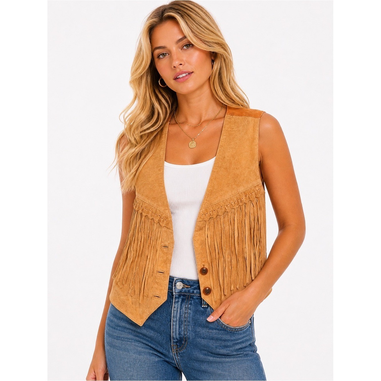 NWT Desperado 100% Leather Size Small Fringed Suede Vest – Tan Women’s Jacket