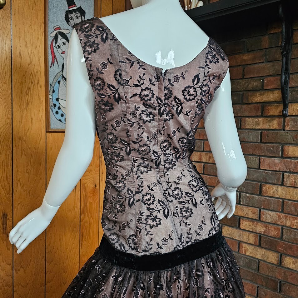 Vtg 50s Flocked Illusion Pink & Black Drop Waist Bubble Prom Cocktail Dress S/M