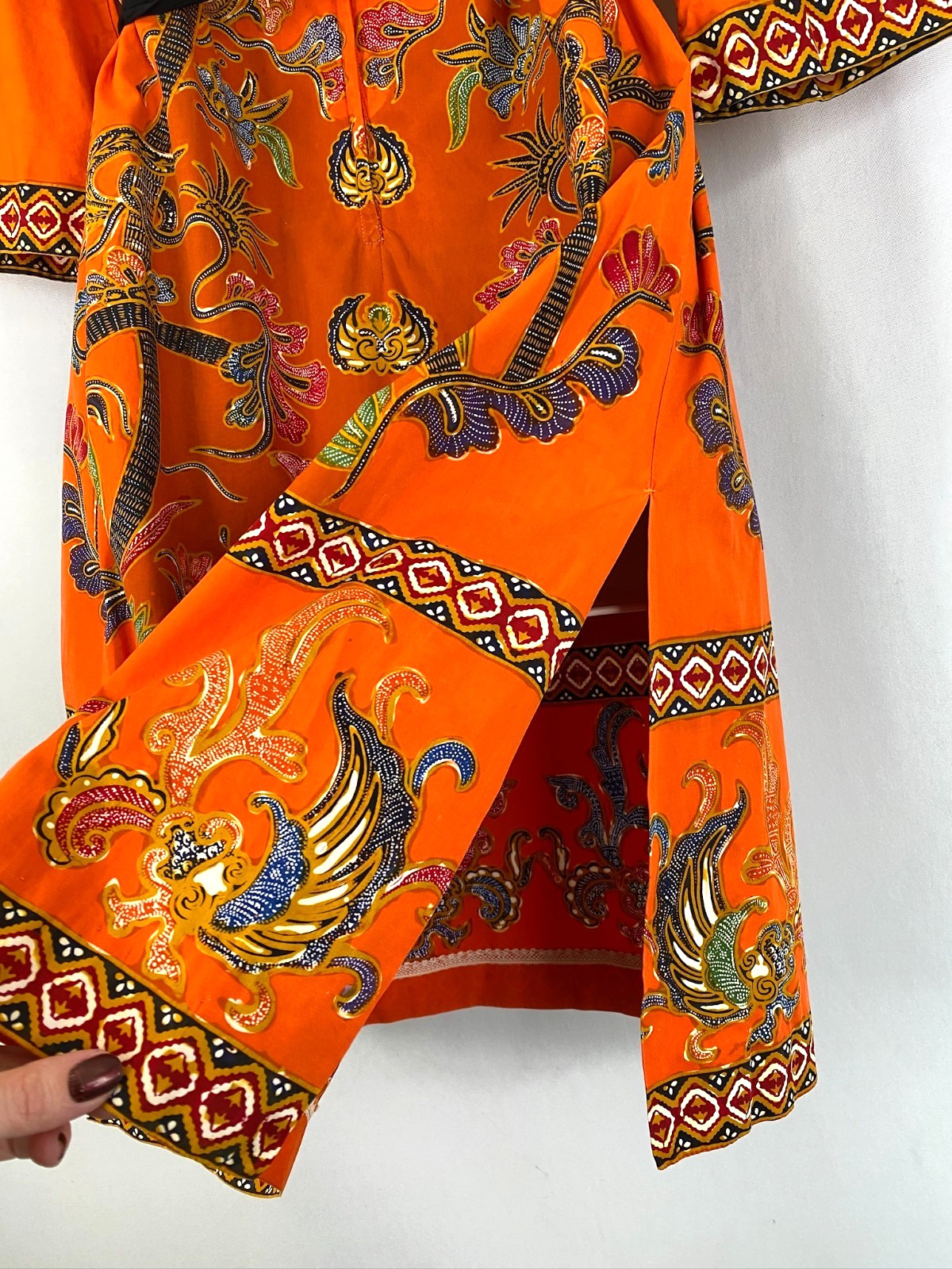 Vintage 1970s orange dress S cotton 1/2 sleeve A line tunic batik boho knee midi