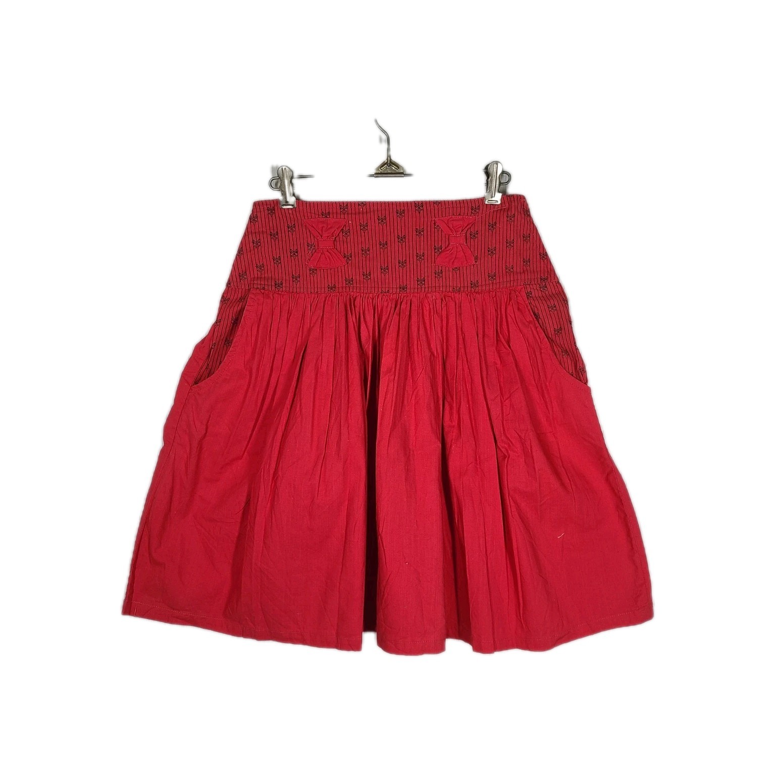 Vtg 80s Red Bow Skirt 100% Cotton Happy Legs Yoke Full Skirt Retro India