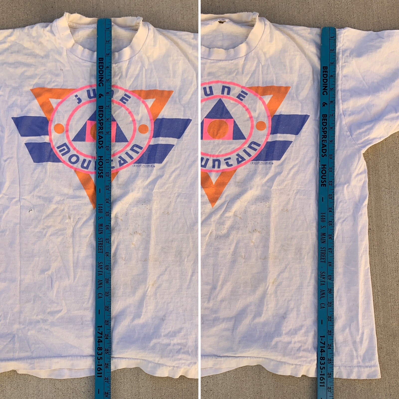 Vintage June Mountain T Shirt 80s Geomeric Neon Graphics Distressed Worn Holes