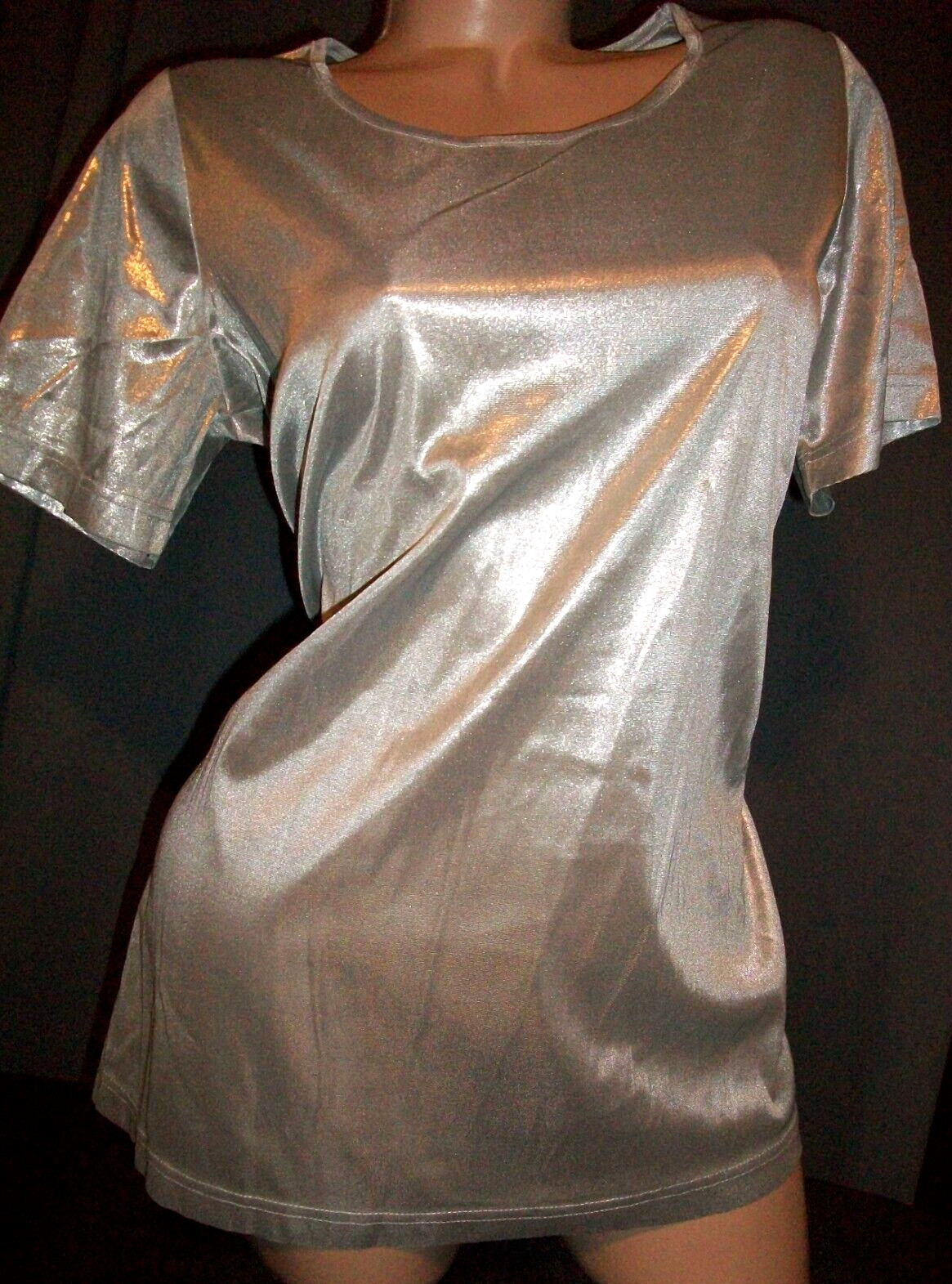 Vtg Silver Metallic Satin Camisole Tunic Top S M