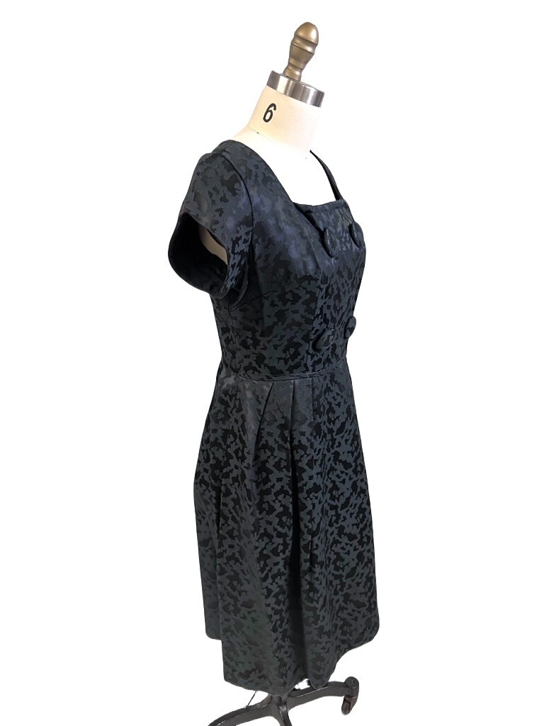 VTG 1960s Black Damask Cocktail Dress NWOT Square Neck Buttons Full Skirt S/M
