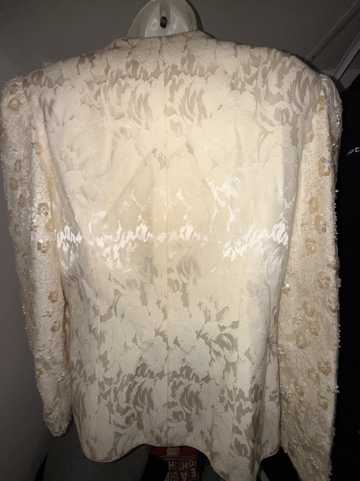 Vintage 1980s Karen Lawrence Ivory Brocade Beaded Sequin Blazer & Skirt Set XL
