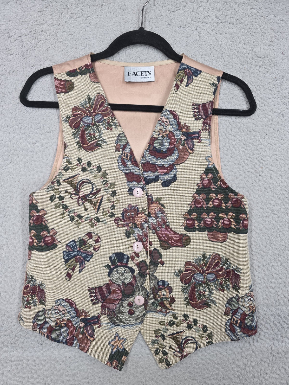 Vintage 1990s Women’s Small Tapestry Vest Beige Granny Christmas Santa Snowman