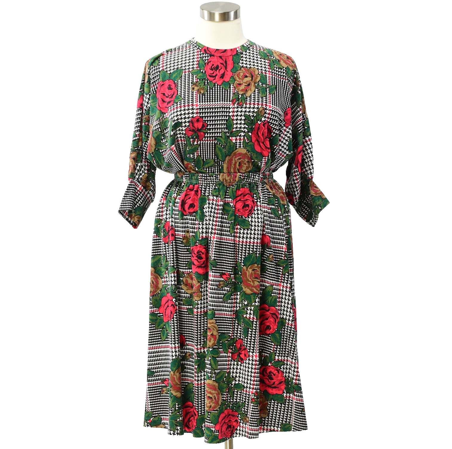 80s Vintage Rose Print Outfit Top & Skirt Set Floral Houndstooth Elastic WaistXL