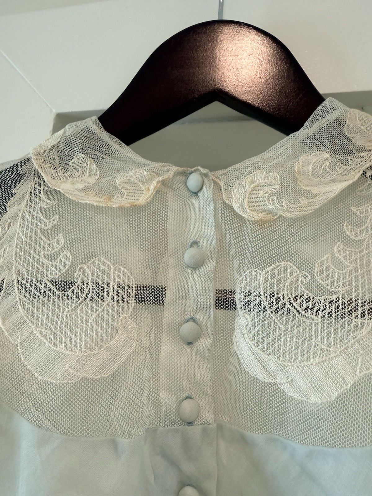 Vintage 1930s Sheer Blue Organdy Blouse Embroidered Lace Ruffle Collar Art Deco