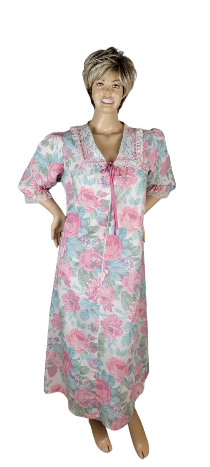 Vintage Wolverine Zip Dressing Gown Robe Pastel Floral Peter Pan Lace Collar L