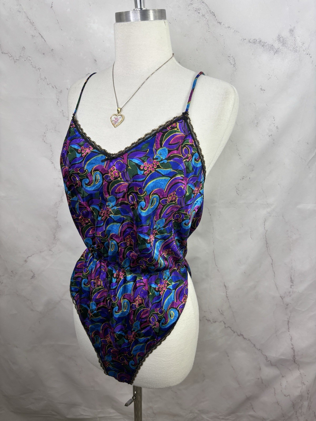 Vintage 80s Satin Teddy Bodysuit Hi Cut Whimsigoth Floral Lace S Bonjour Retro