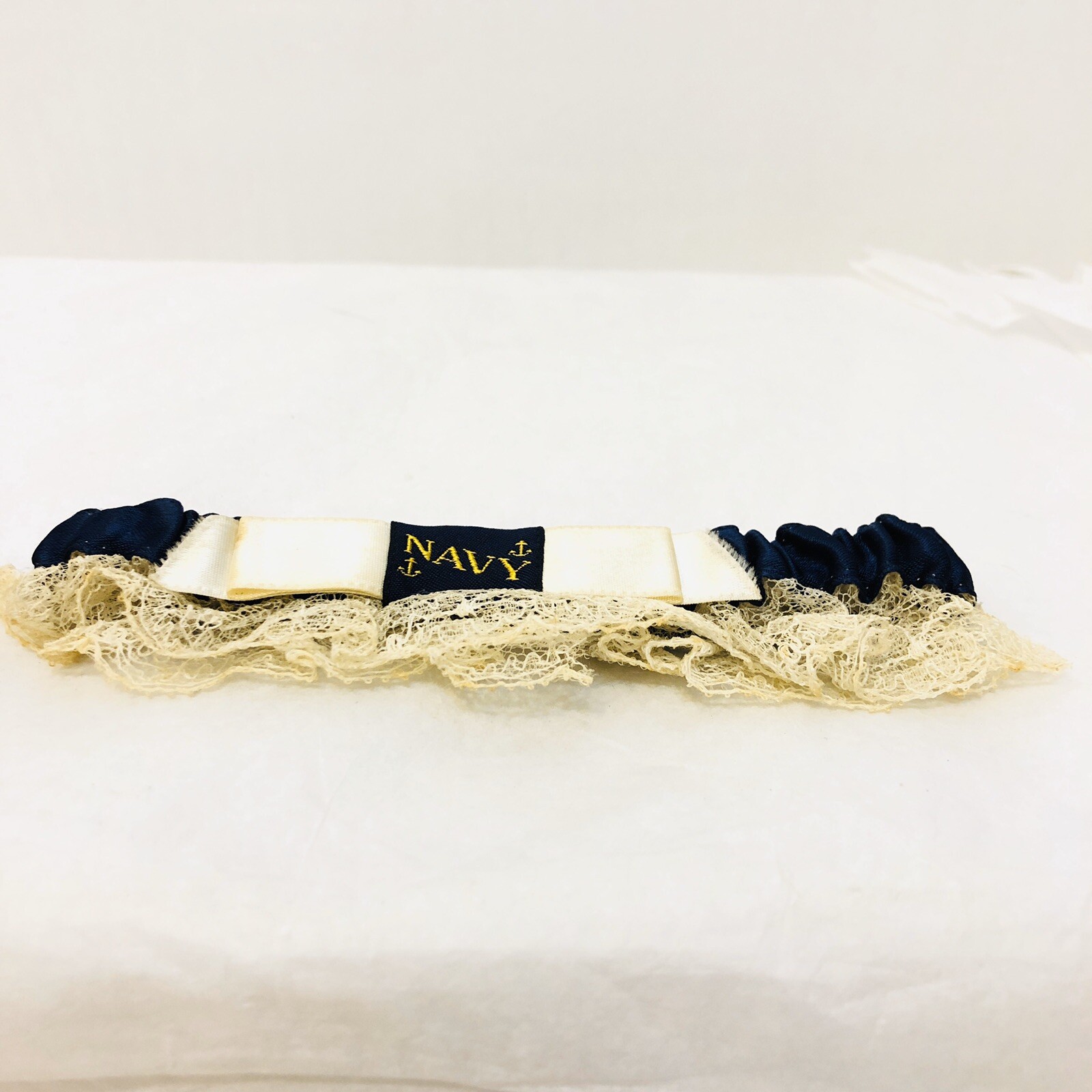 Vintage 1950s US Navy Wedding Garter Blue with Gold Anchors and Lace
