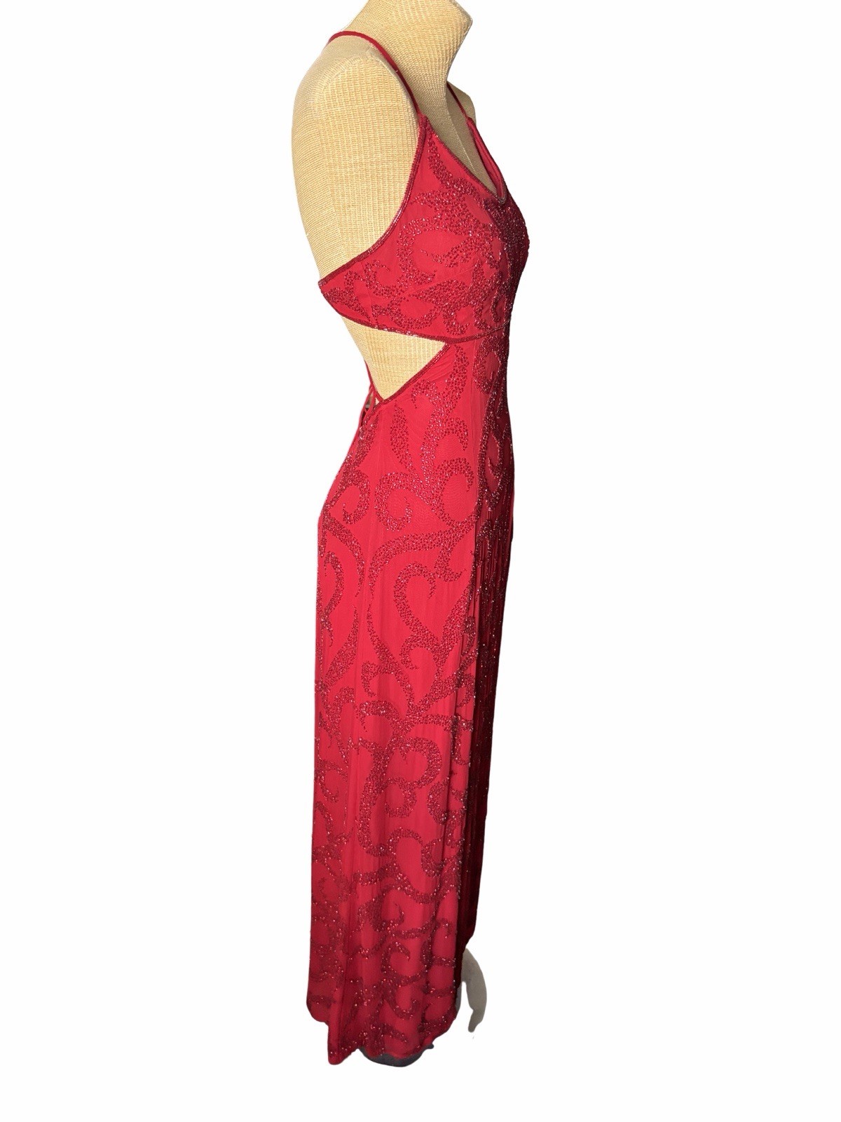 Vintage 90s Y2K Sean Collection Silk Beaded Backless Gown Dress Red Formal Prom
