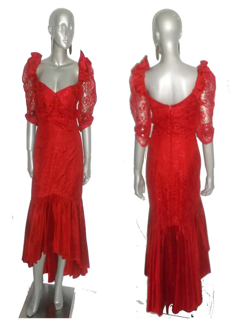 VTG Red Bridals Originals ILGWU High Low Lace Taffeta Multi-functional Dress 10