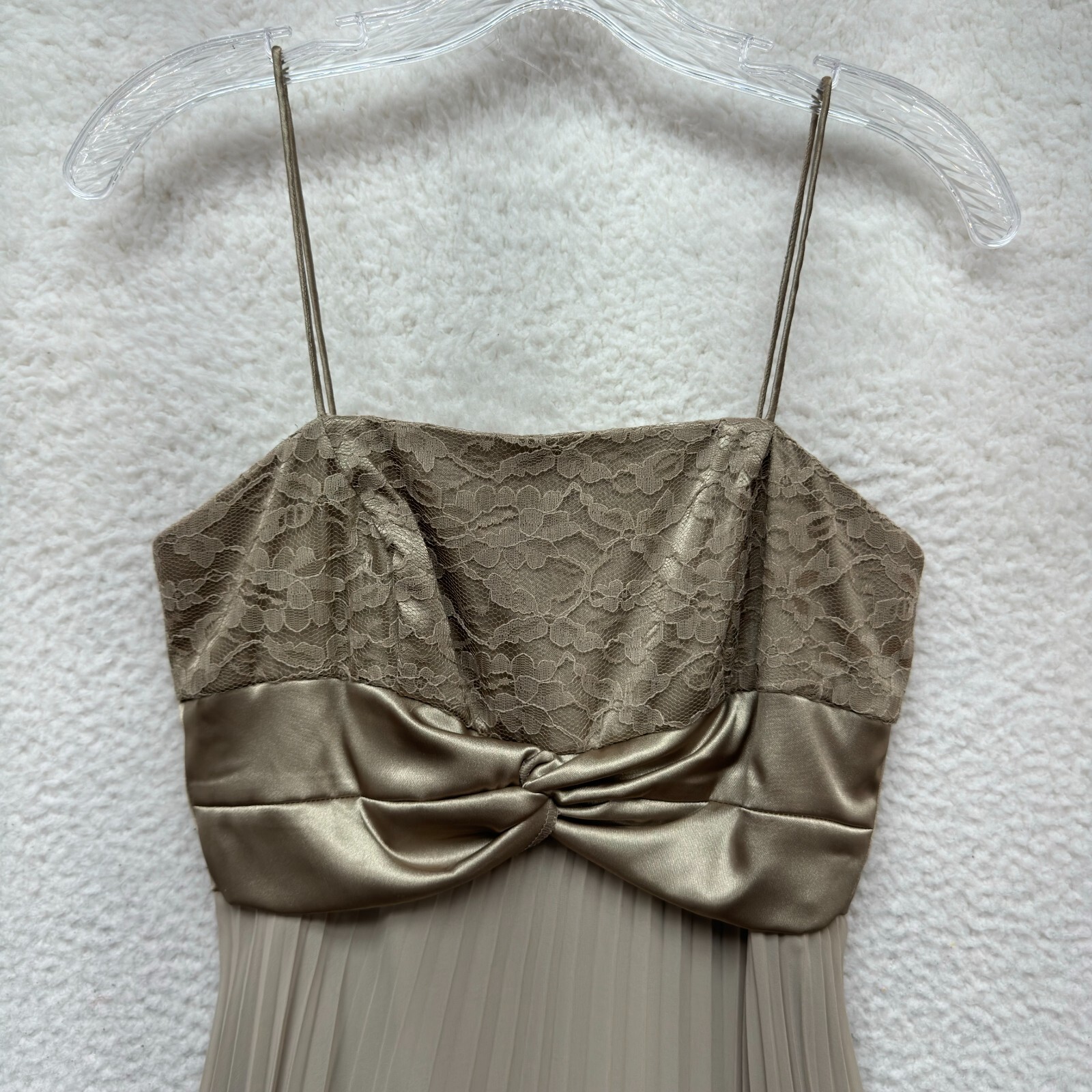 90s Y2K Vintage Evening Formal Dress 6 Medium Tan Beige Taupe Satin Lace Mesh