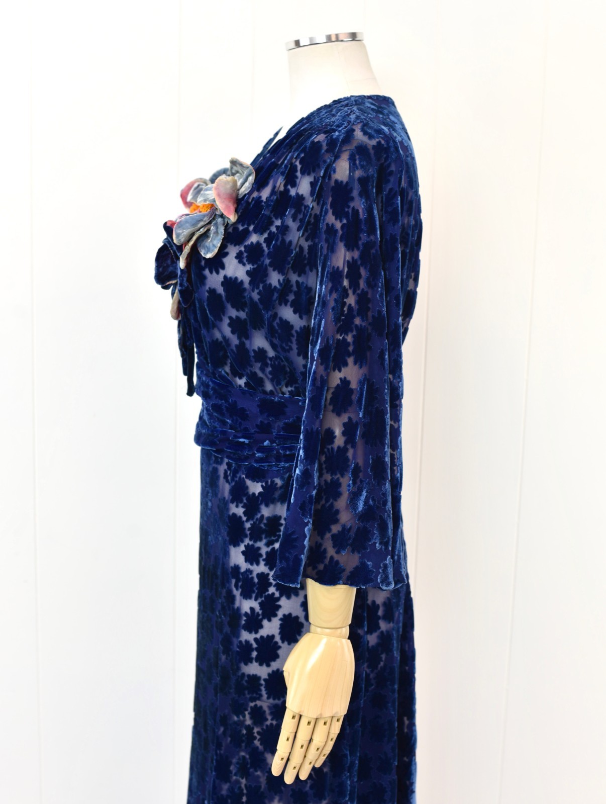 Antique 1930s Blue Devore Burnout Velvet Floral Art Deco Sheer Dress Larger Size