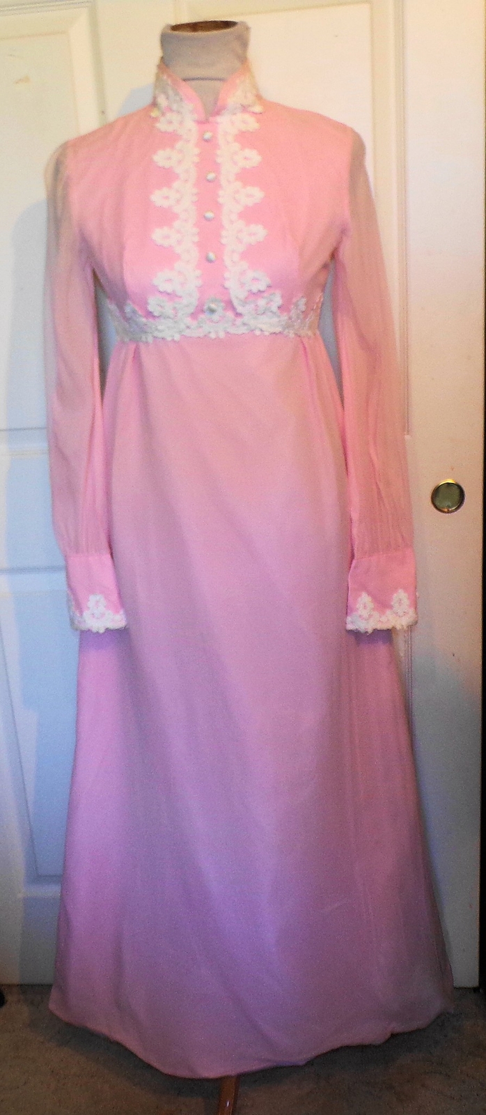 Vintage 60s Pink Chiffon White Lace Long Dress B34 Empire Waist