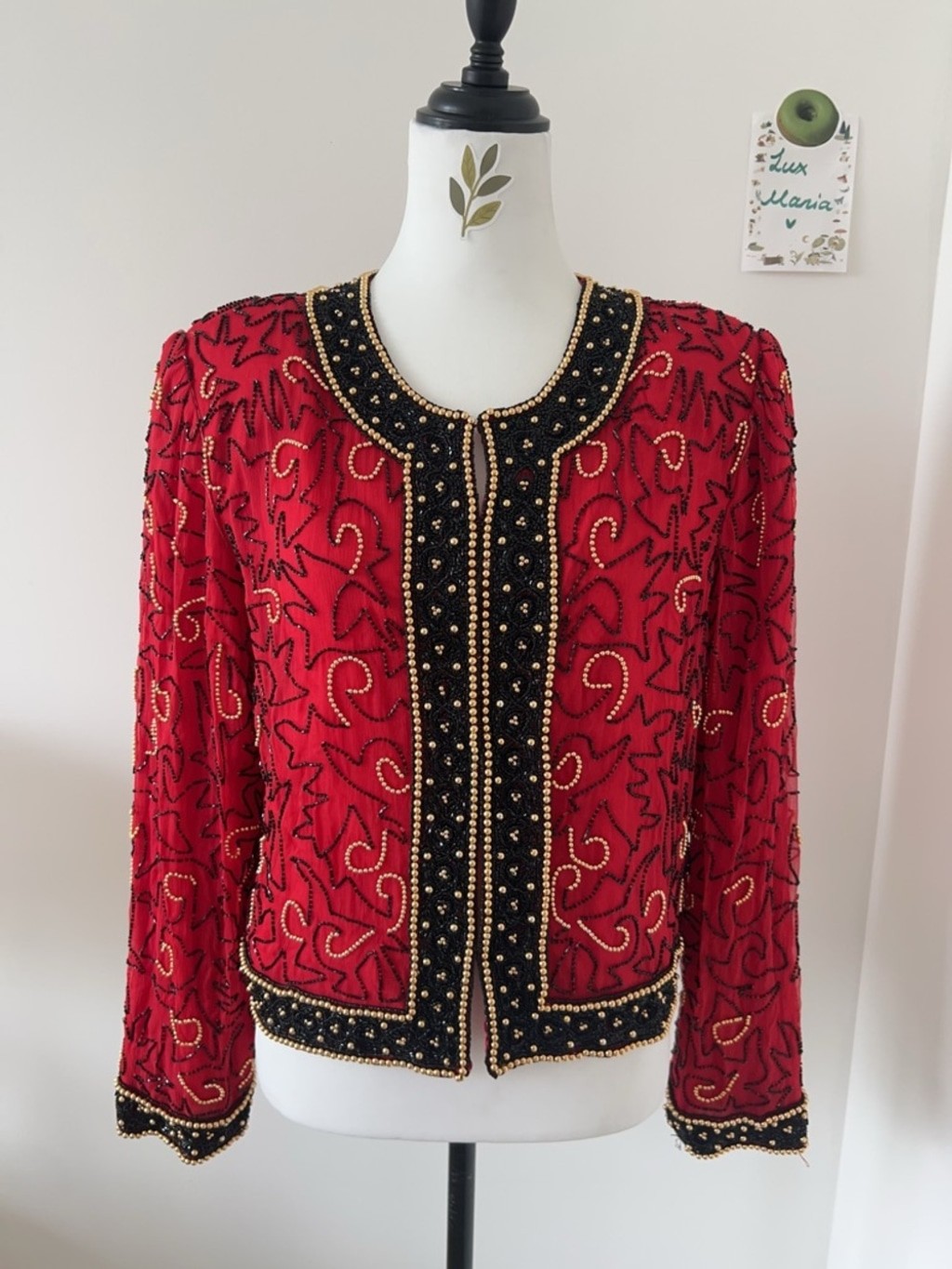 Vintage Lawrence Kazar Red Beaded Jacket Gold Embellished Evening Bolero XL